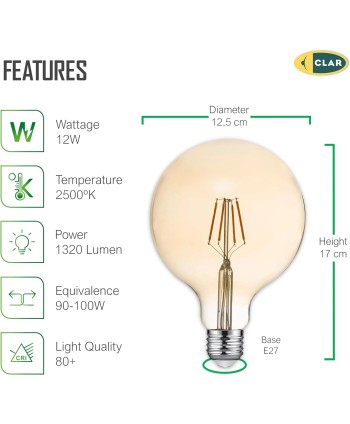 Bombilla LED Filamento E27 Ambar 12W G125