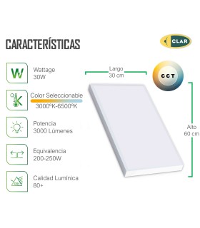 CLAR - Panel LED Superficie 60x30, Plafón para Techo Cocina, (Selector de Color Blanco Calido, Neutro y Frio)
