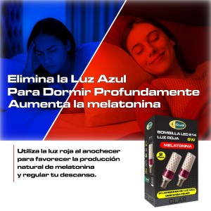 copy of CLAR - Luz Roja Nocturna Melatonina, Luz Roja Bebe, Bombilla Para Dormir, 8W E27 (Pack 2)