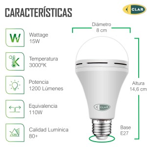 Bombilla LED Recargable 15W de Emergencia
