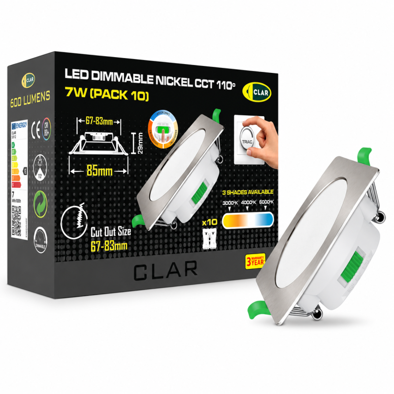 Downlight Cuadrado Regulable CCT Níquel 7W Corte Ø66-75mm 110º
