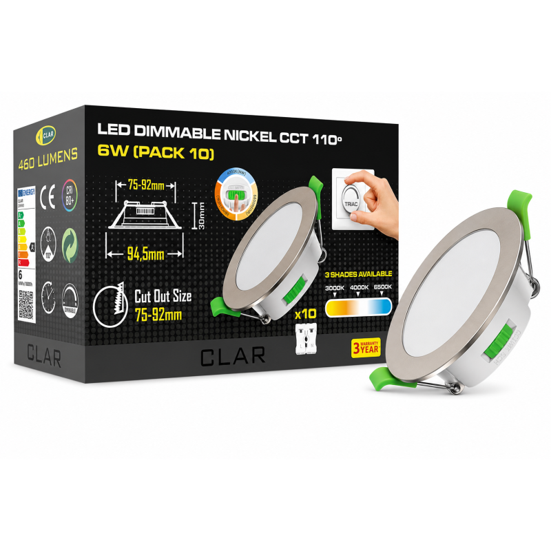 Downlight LED techo empotrable Downlight Regulable 6W, 3 tonalidades, Niquel