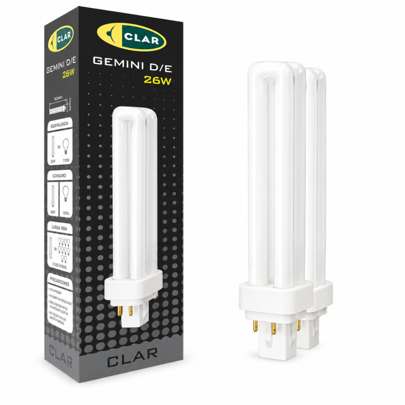 CLAR-Bombilla Fluorescente Gemini D/E 26W G24q-3  CFL Profesional Tubo Compacto Alto Flujo 4 Pines