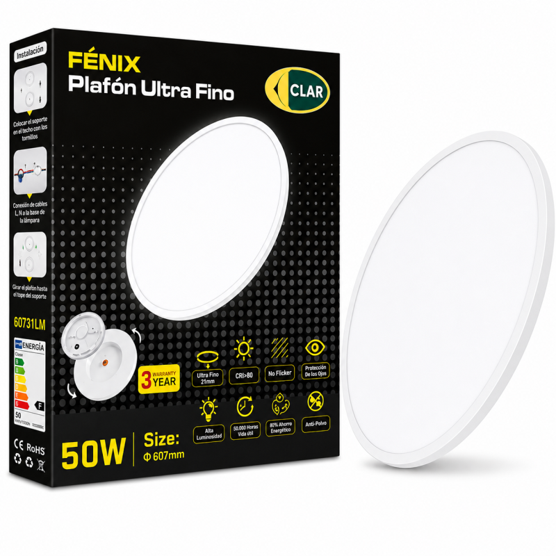 CLAR - Plafon Led Techo 50 Cm, Plafones Para Techo Led, Plafón Led Techo Cocina, 50W