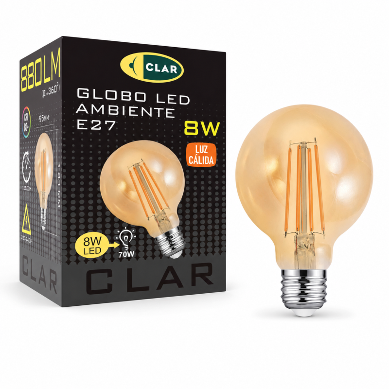 Bombilla LED Filamento E27 Ambar 8W G95