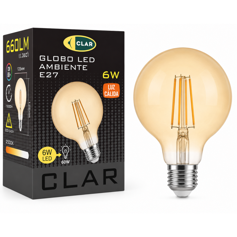 Bombilla LED Filamento E27 Ambar 6W G125