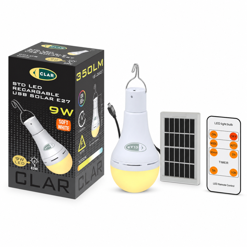 Bombilla Recargable por USB y con Panel Solar 9W