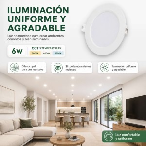 Downlight LED Techo Empotrable 6W, Foco Interior, Driver Incluido, 3 Tonalidades CCT