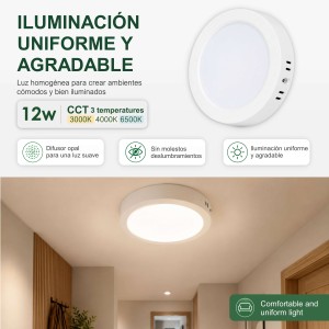 Downlight LED Techo Superficie 12W 3 Tonalidades CCT