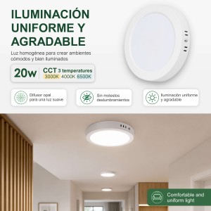 Downlight LED Techo Superficie 20W 3 Tonalidades CCT