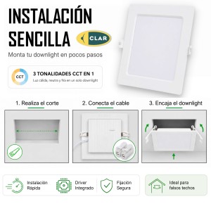 Downlight LED Techo Cuadrado 12W 3 Tonalidades CCT