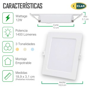 Downlight LED Techo Cuadrado 12W 3 Tonalidades CCT